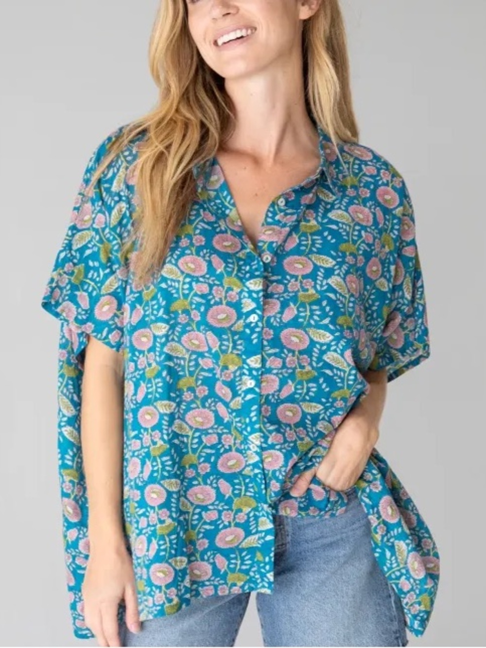 Natural Life Oversized Teal Blue Floral Button Down Shirt- Once Size